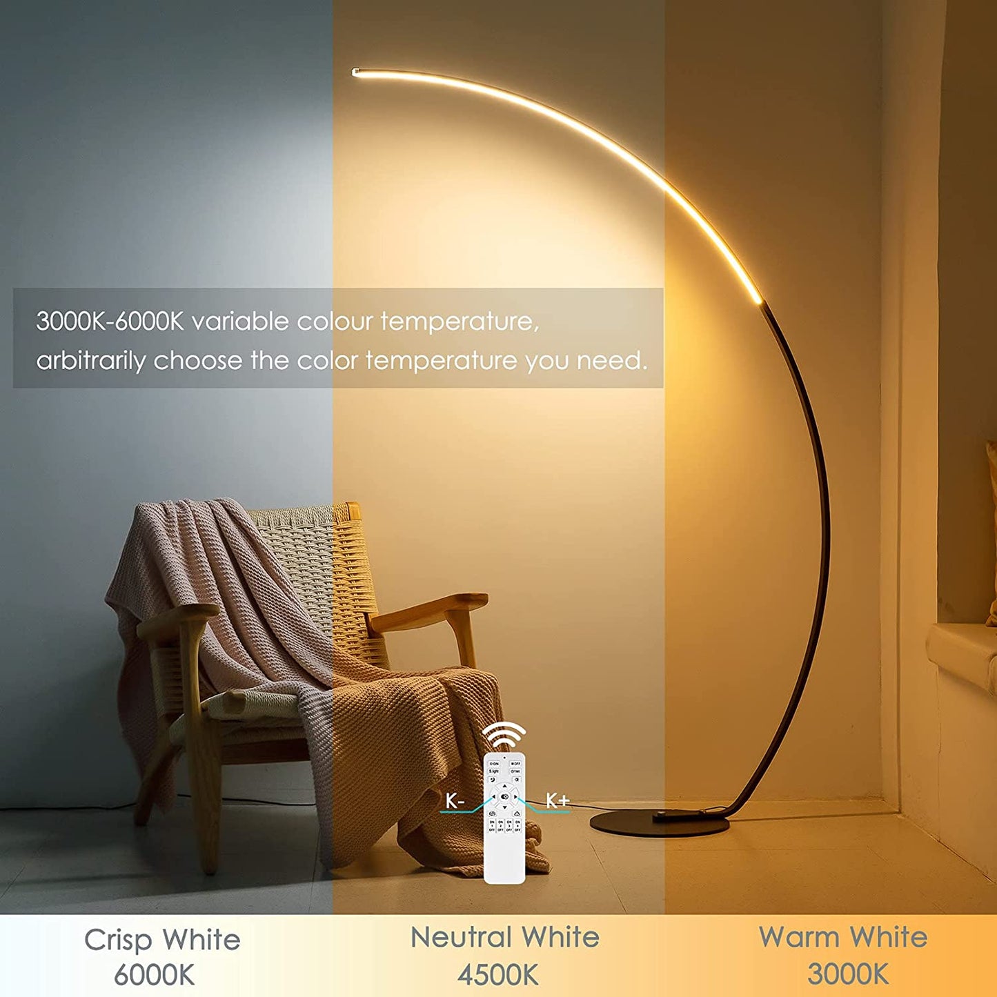 RGBW Modern Curve Floor Lamp – Dimmable LED with Remote Control