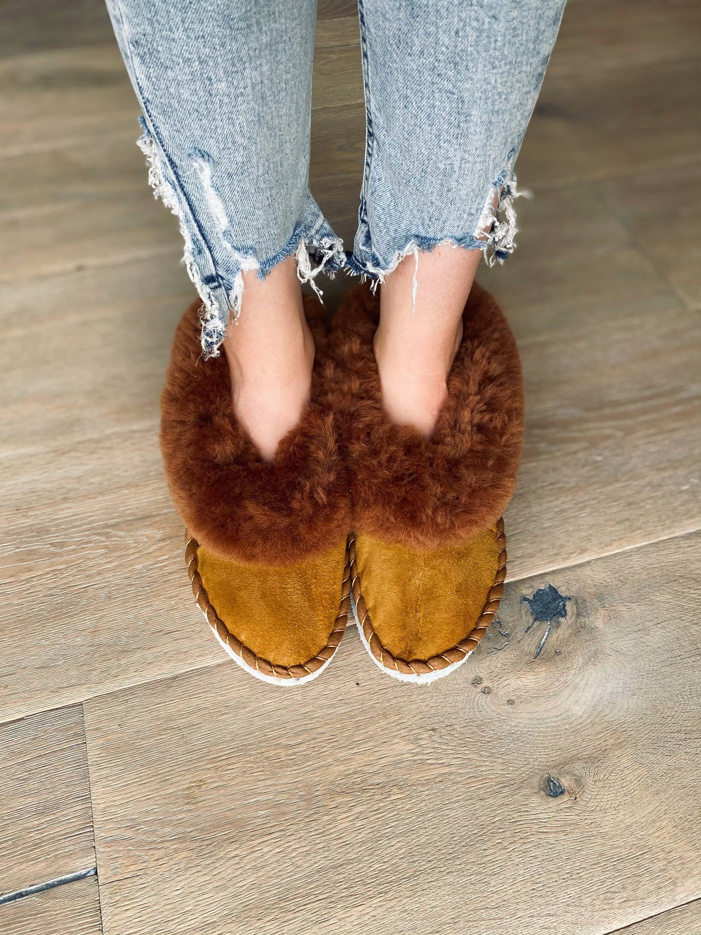 Brown Sheepskin Slippers – Handmade Leather Moccasins | Warm & Cozy