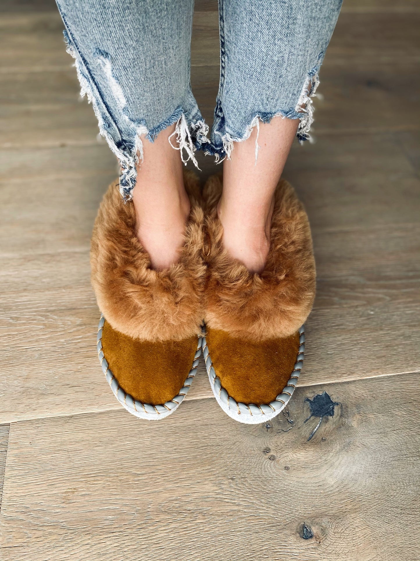 Brown Sheepskin Slippers – Handmade Leather Moccasins | Warm & Cozy