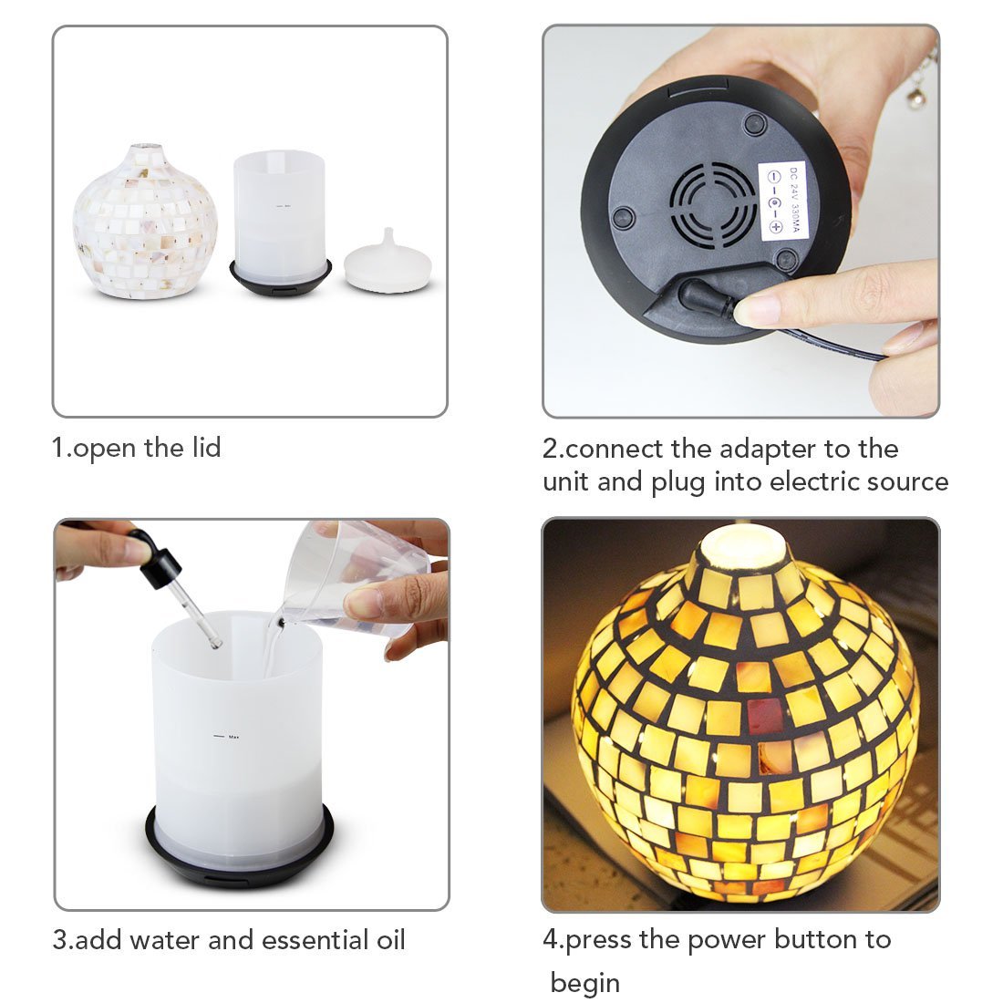 Mosaic Glass Ultrasonic Aroma Diffuser – Electric Essential Oil Diffuser for Aromatherapy