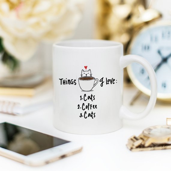 "Things I Love: Cats & Coffee" Funny Mug – 11oz Ceramic Cup | Cat Lover Gift