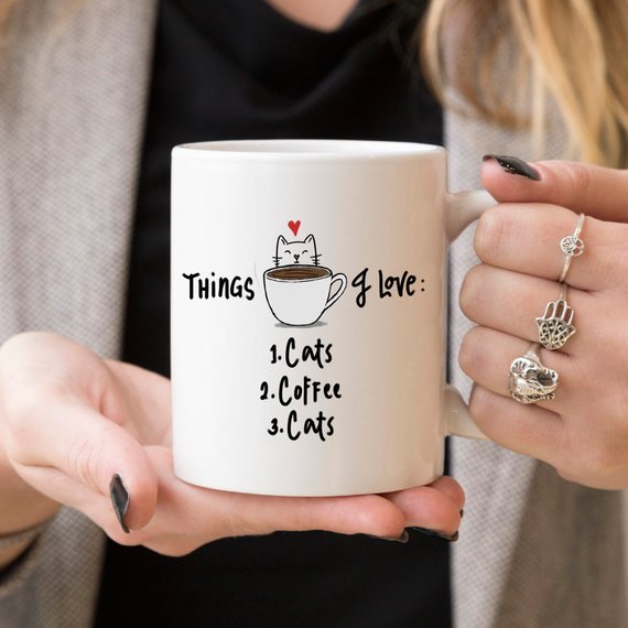 "Things I Love: Cats & Coffee" Funny Mug – 11oz Ceramic Cup | Cat Lover Gift