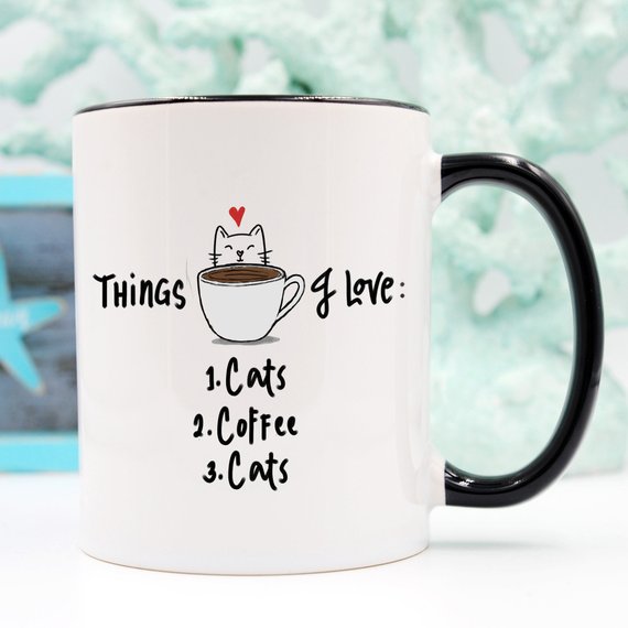 "Things I Love: Cats & Coffee" Funny Mug – 11oz Ceramic Cup | Cat Lover Gift