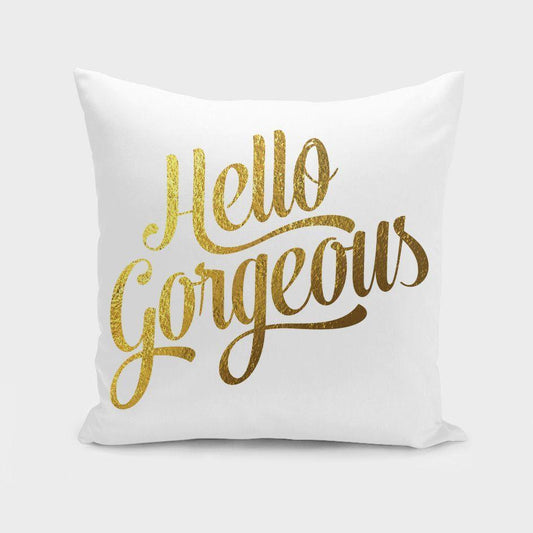 "Hello Gorgeous" Gold Pillow – Elegant & Stylish Decorative Cushion